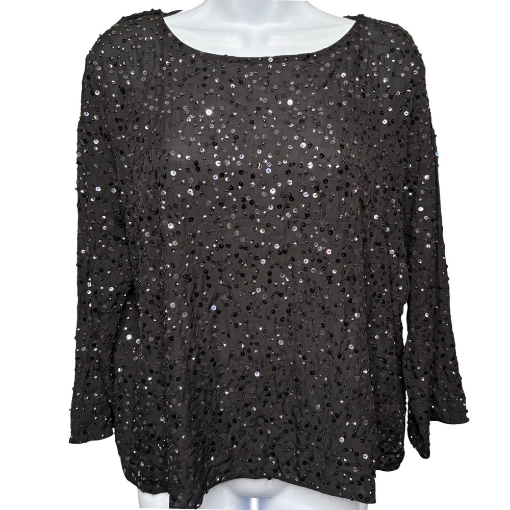 EILEEN FISHER 100% Silk Black Sequin Top Sz S Embellished Evening Shimmer Luxe